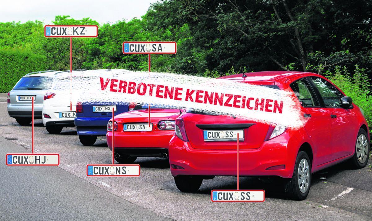 Diese Kennzeichen sind im Cuxland verboten Abkürzungen, die während des "Dritten Reichs" verwendet wurden, kommen im Cuxland nicht aufs Kennzeichen.