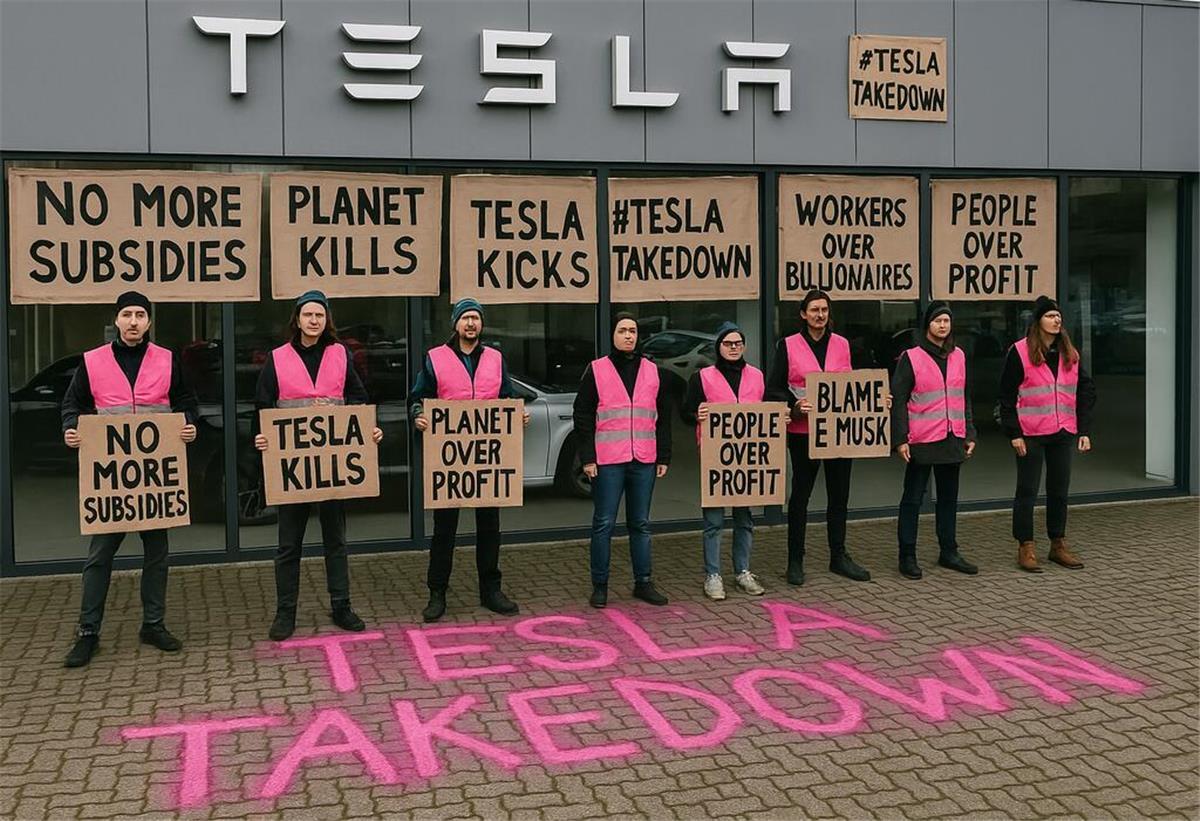 #TeslaTakedown: Aktivisten protestieren in Oldenburg gegen Tesla Personen stehen vor einer Fensterfront und halten Plakate.