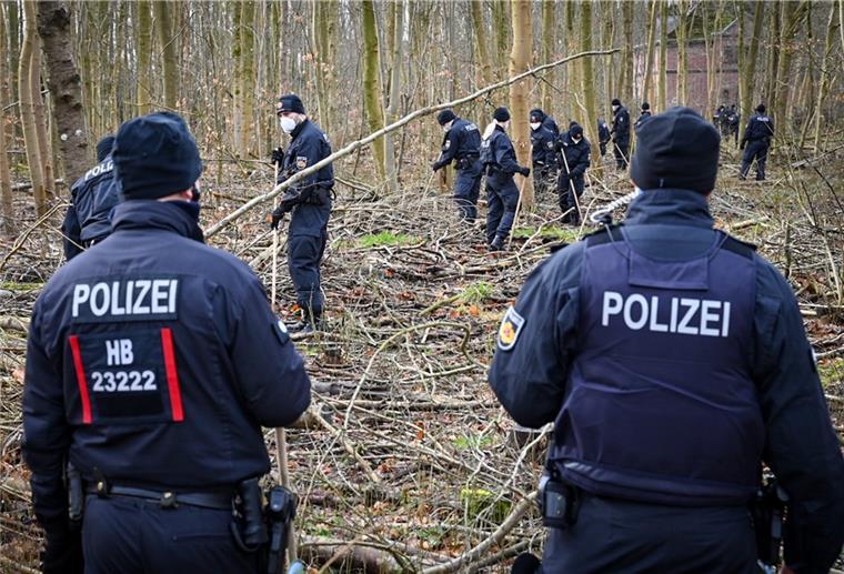 Hundertschaft sucht nach der vermissten Ekaterina Baumann Polizisten durchsuchen ein Waldgebiet.