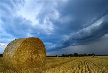 Ein Heuballen liegt auf einem Feld. Am Himmel sind Gewitterwolken zu sehen. 