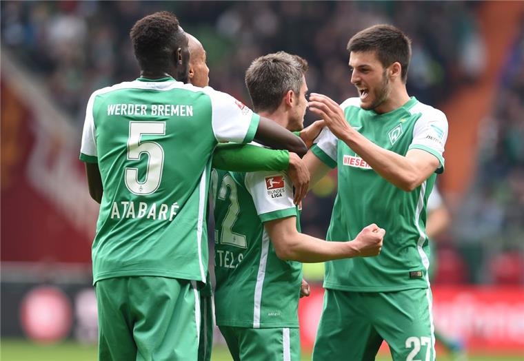 An Torjubel haben sich die Grün-Weißen gewöhnt. Werder hat in der Rückrunde 32-mal zugeschlagen. Foto Jaspersen/dpa