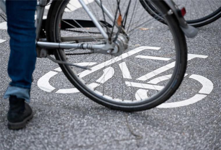 Bre.Bike rollt an: Bremen bekommt neues Fahrradverleihsystem Ein Fahrrad-Symbol ist auf der Fahrbahn einer Straße hinter einem Fahrrad zu sehen.