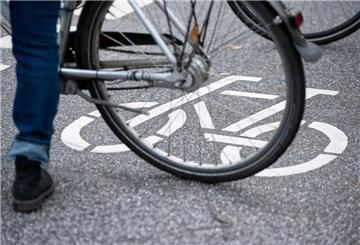 Ein Fahrrad-Symbol ist auf der Fahrbahn einer Straße hinter einem Fahrrad zu sehen.