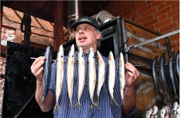 André Vogt, Mitarbeiter bei Fiedler, zeigt in Bremerhaven, wie die Fische fürs Räuchern richtig aufgespießt werden.