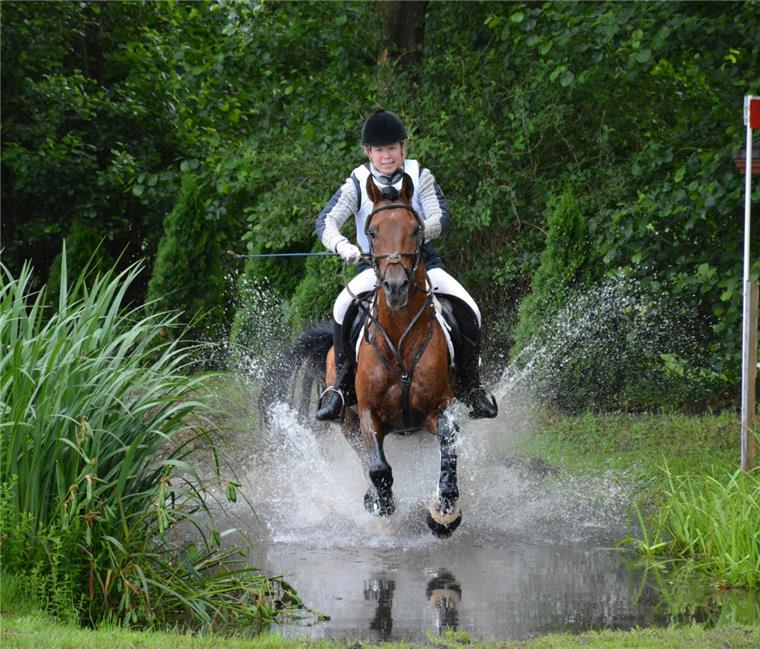 Military-Reiten in Rüspel: Im vollen Galopp übers „Tortenstück“ Anne von Borstel vom Reitverein Sandbostel auf Handsome 9 bei der anspruchsvollen Geländeprüfung. In der Wertung 3/2 Vielseitigkeitsprüfung Klasse A kam sie auf den dritten Platz. Fotos