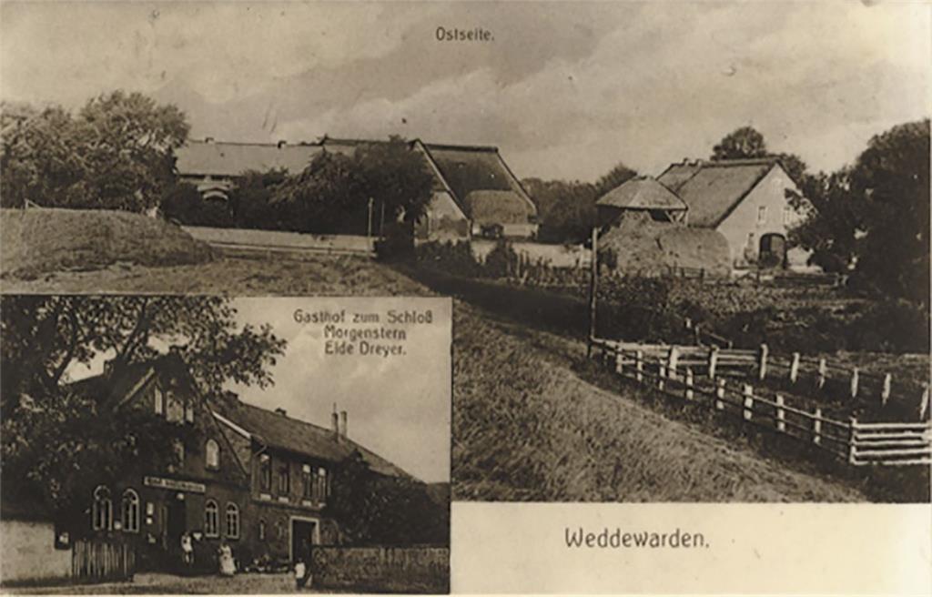 Ansichtskarte von Schloss Morgenstern (unten) und dem alten Hof Burmester (recht...