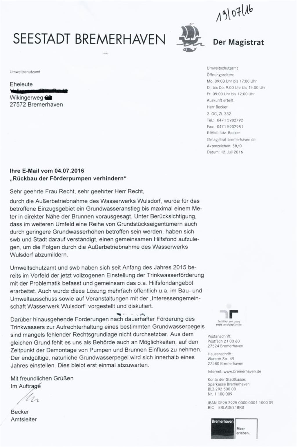 Antwort vom Umweltschutzamt