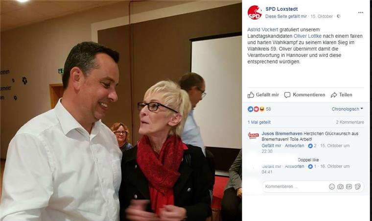 Ärger im Wahlkreis: Vockert (CDU) feiert nach der Landtagswahl lieber mit SPD-Gewinner Lottke Astrid Vockert gratuliert SPD-Mann Oliver Lottke. Die SPD Loxstedt postet dies auf Facebook.