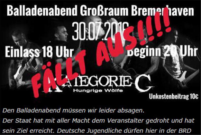 Behörden verhindern Hooligan-Konzert in Beverstedt Auch auf der Homepage der vom Verfassungsschutz als rechtsextrem eingestuften Band wird verkündet: Das Konzert fällt aus. Die Rede ist nur vom Großraum Bremerhaven. Der Ort Beverstedt wird nicht genannt.