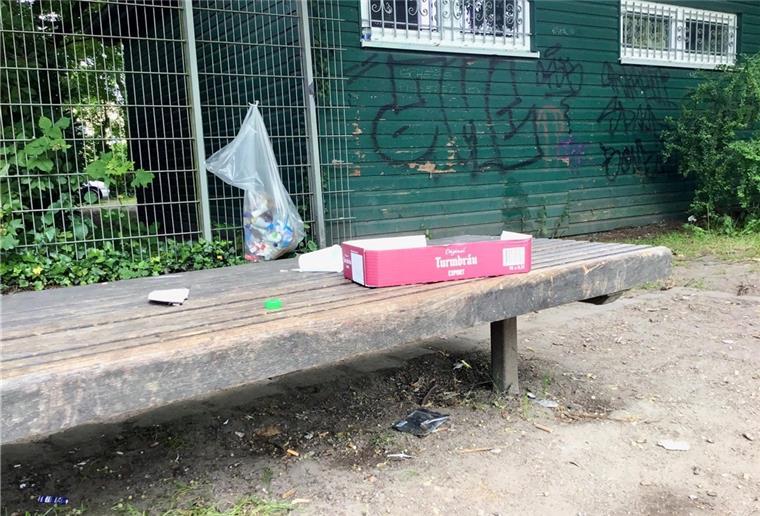 Auch im Leher Stadtpark ekeln sich viele Spaziergänger und die Besucher des Seniorentreffs Altbürgerhaus vor dem fiesen Zeug, das überall herumfliegt - statt wenigstens im aus Verzweiflung aufgehängten Müllbeutel zu landen