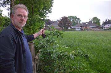 „Auf dem Knüll“ in Elmlohe: Die Teilfläche im hinteren Bereich der Wiese gleich an der Wohnbebauung ist im Flächennutzungsplan noch als Bauerwartungsland ausgewiesen. Der ehemalige Elmloher Bodo Mahlstedt (Foto) wundert sich, dass Ortsbürgermeister Henning von der Lieth (CDU) bei der Zwangsversteigerung verkündete, dass dies nicht so bleiben soll.