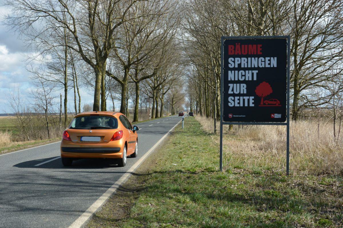 Auf zahlreichen Straßen im Cuxland wie hier auf der Kreisstraße 66 zwischen Wremen und Langen warnen Plakate vor Zusammenstößen mit Bäumen. Damit soll bald Schluss sein.