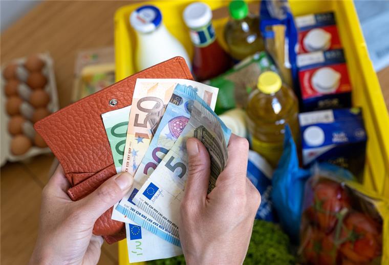 Jemand hält Geld in den Händen. Im Hintergrund ist ein Lebensmitteleinkauf zu sehen.