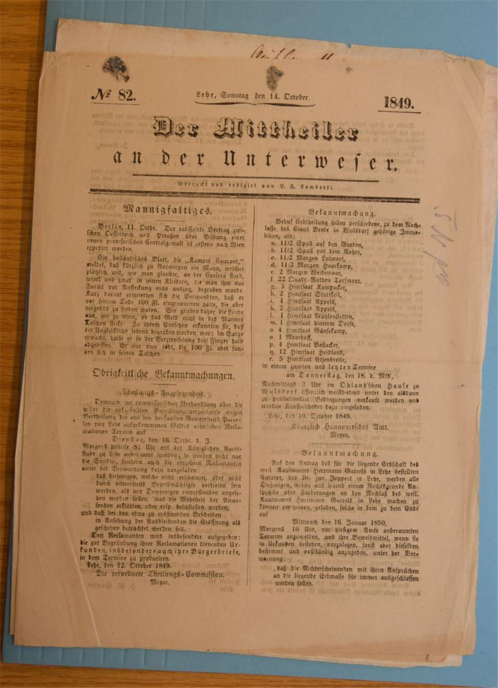 Ausgabe aus dem Jahr 1848: „Der Mittheiler an der Unterweser“ wurde von 1848 bis...