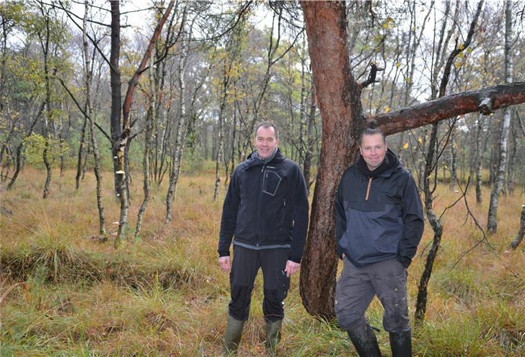 Bülter Moor bei Wehdel soll wieder vernässt werden Zwei Männer stehen an einem Baum im Moor.