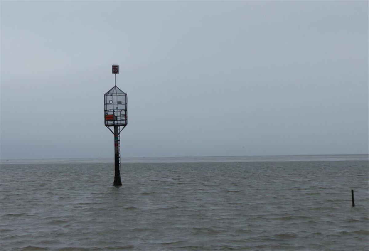 Einsatz im Watt: Vier Menschen und zwei Hunde in Not Bei auflaufend Wasser kletterten zwei Personen aus der Gruppe auf die Rettungsbake im Watt.