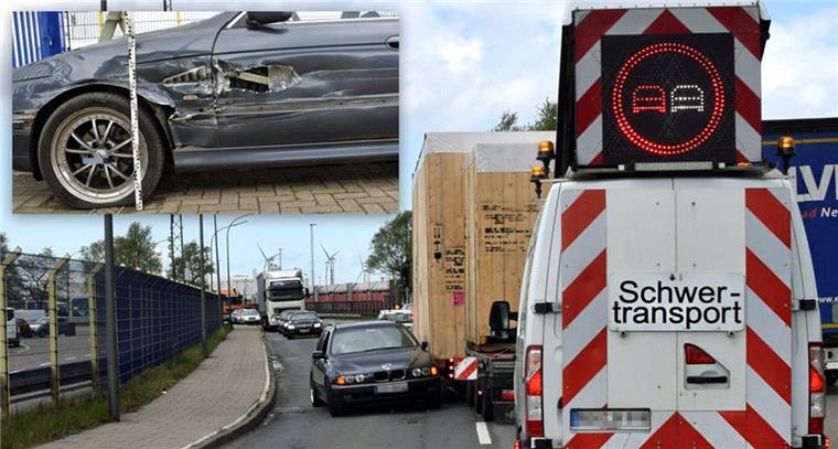 Totalschaden nach Unfall: Schwertransport in Bremerhaven gerammt Bei dem Unfall im Überseehafen von Bremerhaven entstand an einem BMW Totalschaden.