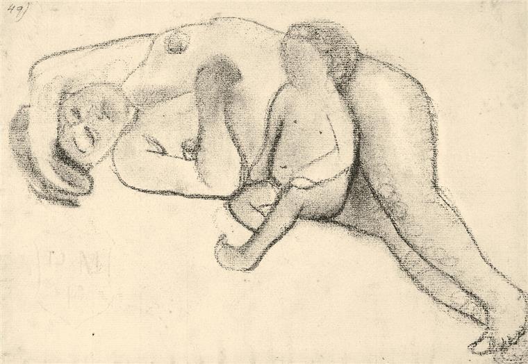 Bei den Vorstudien zu dem großen Ölgemälde „Liegende Mutter mit Kind“ malt Paula Modersohn-Becker Mutter und Kind als getrennte Körper, in dieser Studie sitzt die Kleine noch aufrecht.