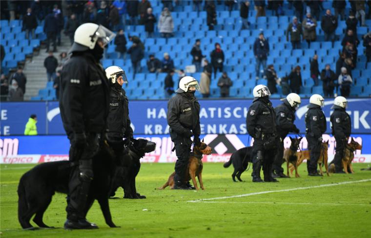 Bei einem Spiel zwischen dem Hamburger SV und  Hertha BSC stehen Polizisten mit Hunden nach dem Spiel auf dem Platz.