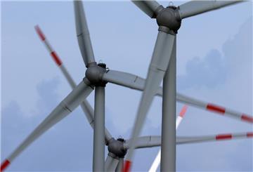 Windräder drehen sich auf einem Feld im Wind