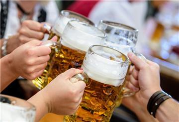 Menschen prosten sich mit ihrer ersten Maß Bier zu.