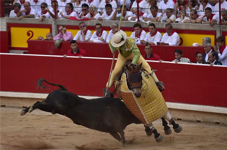 31 Verletzte bei Stierhatz in Pamplona Teilnehmer laufen während der Stierhatz in den Gassen von Pamplona vor einem Stier davon. Bis zum heutigen 14. Juli wurden während des «Sanfermines»-Festes täglich am frühen Vormittag Kampfbullen und Leitochsen von Hunderten von Männern und wenigen Frauen, für die Stierkämpfe am Abend, durch die Gassen in die Arena gejagt.