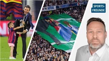 Bildkombo: Luis Enrique und Tochter Xana 2015 nach dem Champions-League-Sieg mit dem FC Barcelona (links). Zehn Jahre später erinnert ein Banner der PSG-Ultras in München an diesen Moment – eine stille Geste, die mitten im Jubel Raum für Erinnerung schafft.