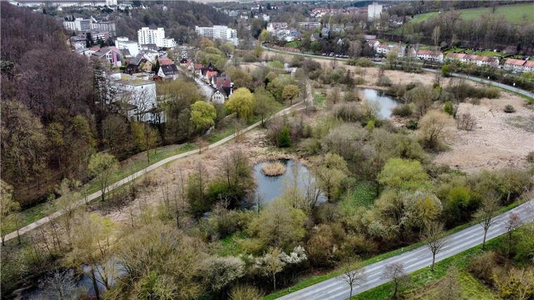 Blick auf das Gelände der Landesgartenschau Bad Gandersheim mit dem Auepark im Vordergrund und Teilen der Stadt im Hintergrund.