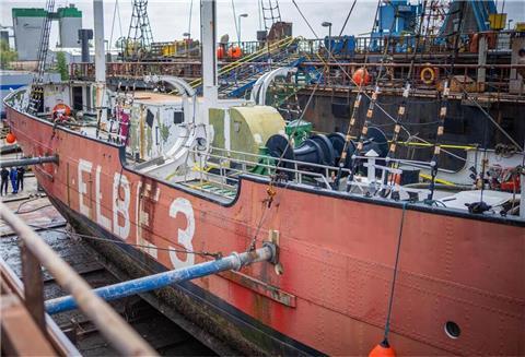 Blick auf die „Elbe 3“ im Dock zu Beginn der Sanierungsarbeiten am Schiff.