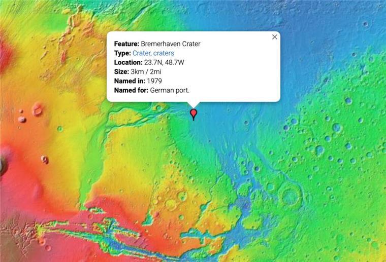 269 Millionen Kilometer entfernt: Bremerhaven gibt es auch auf dem Mars Bremerhaven gibt es auch auf dem Mars. Der gleichnamige Mars-Krater wirkt wie am Rand eines Meeres gelegen.