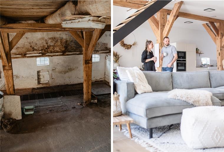 Da wo früher ein heruntergekommener Kuhstall war, befindet sich heute das romantisch-moderne Wohnzimmer von Mascha und Tobias Lühning aus dem Cuxland.