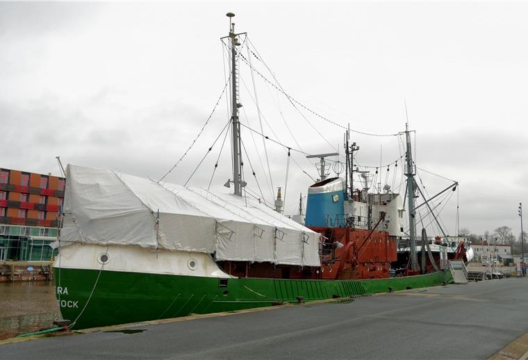 Das Achterschiff der "Gera" ist eingerüstet. Unter der Plane arbeiten Museumsmitarbeiter an der Decksversiegelung.