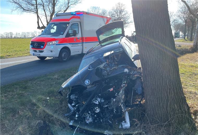 Das Auto, mit dem ein junger Mann bei Selsingen gegen einen Baum fuhr, ist ein Wrack. 