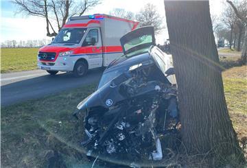 Das Auto, mit dem ein junger Mann bei Selsingen gegen einen Baum fuhr, ist ein Wrack. 