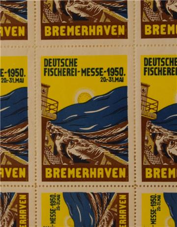 Das Bild zeigt die Reklamemarken zur Fischereimesse 1950.