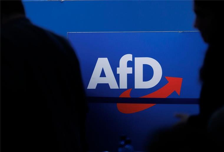 Delegierte gehen vor dem Parteilogo bei dem AfD-Bundesparteitag in Magdeburg. 