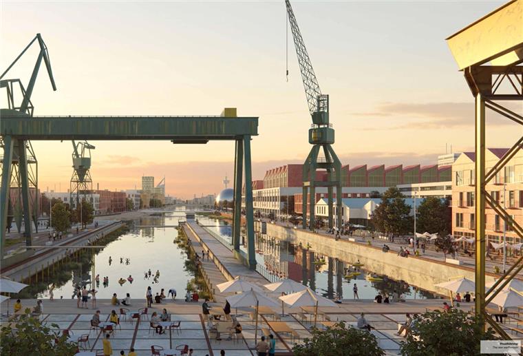 Das Hafenherz, Kernstück einer Idee. Die Hafenbecken werden von den Bremerhavenern erobert: Schwimmen und Wassersport oder entspannen im Café. 