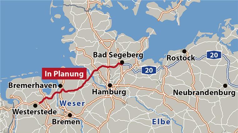 Das ist die Trasse der A20: Der blau gestrichelte Teil im Osten ist gebaut, die rote Strecke von Westerstede bis Bad Segeberg nicht.