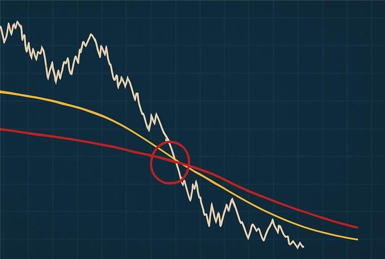 Das „Todeskreuz“ entsteht, wenn der kurzfristige 50-Tage-Durchschnitt (gelbe Linie) unter den langfristigen 200-Tage-Durchschnitt (rote Linie) fällt – ein technisches Signal für einen möglichen Abwärtstrend. In der Grafik markiert ein roter Kreis den Punkt des Kreuzens, das als Warnzeichen für weitere Kursverluste gilt.