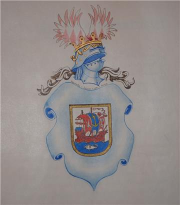 Das Wappen der Stadt Bremerhaven als Vollwappen.