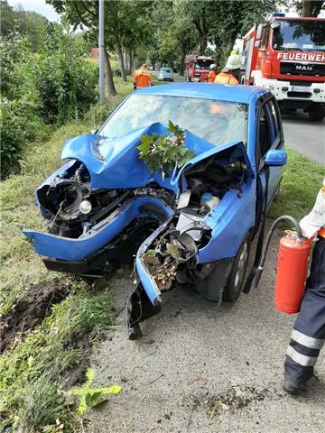 Das zerstörte Auto an der Unfallstelle nahe Hellwege im Landkreis Rotenburg. 