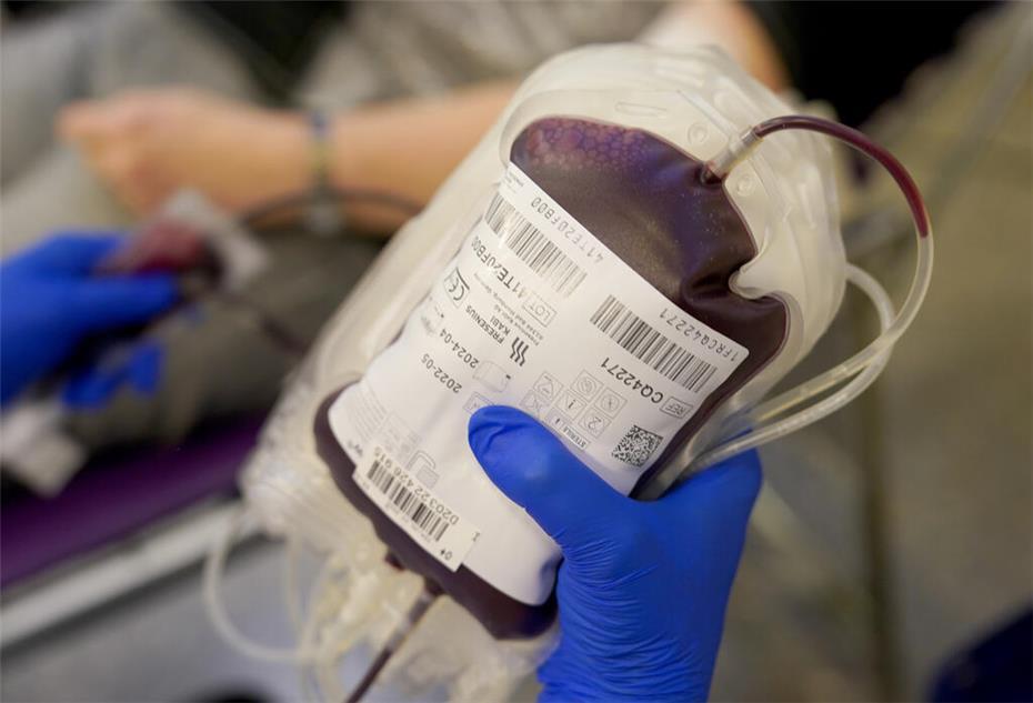 Eine Mitarbeiterin des Deutschen Roten Kreuzes (DRK) hält eine Blutspende in der Hand