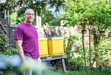 Den Jazz der Bienen genießt Jazzgitarrist Jörg Seidel neuerdings in seinem Garten in Geestemünde. Foto: Hartmann