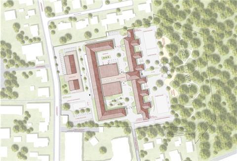 Der Anbau für das Gymnasium Langen aus der Vogelperspektive.