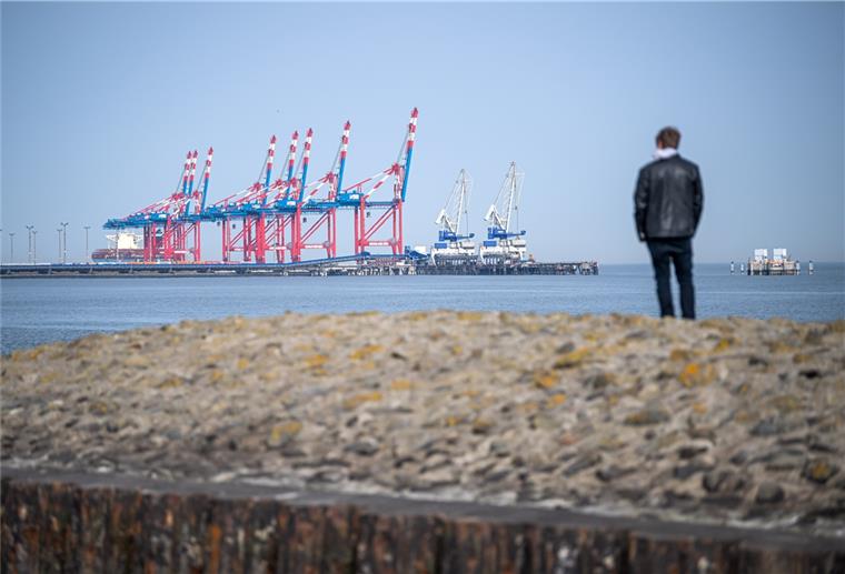 Mann schaut übers Wasser auf den Weser-Jade-Port.