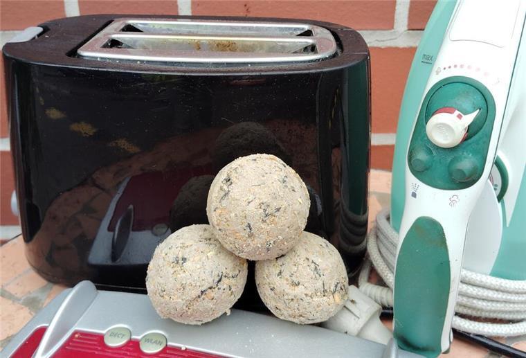 Elektro-Schrott gegen Meisenknödel: Aktionswochen in der Wesermarsch Ein alter Toaster, ein Bügeleisen und drei Meisenknödel liegen auf einem Tisch.
