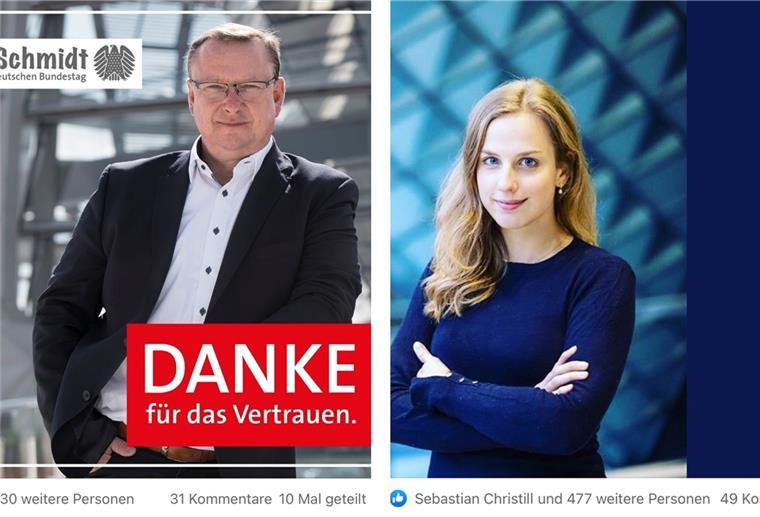 Nur einer ist drin, aber alle danken: Was unsere Politiker posten Der Gewinner in Schwarz, die Verliererin in Hoffnungs-Blau: So stellten sich Uwe Schmidt (SPD) und Wiebke Winter (CDU) am Tag nach der Wahl in Facebook dar.