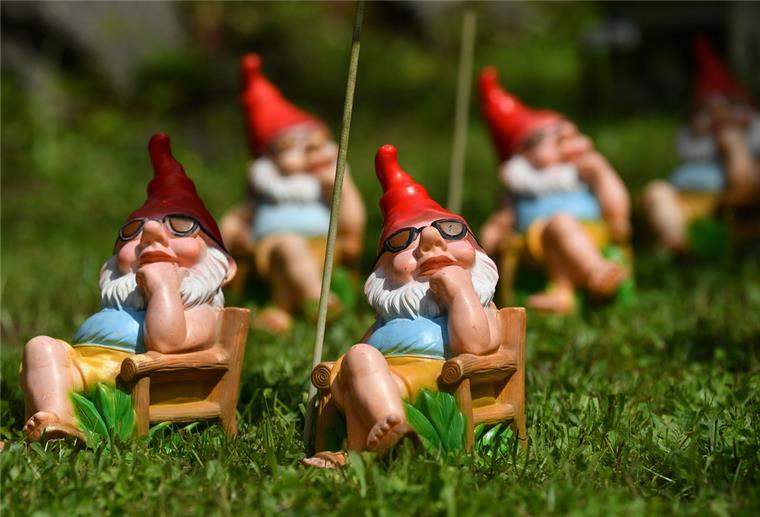 Eine Gruppe Gartenzwerge "sonnt sich" im Zwergen-Park.