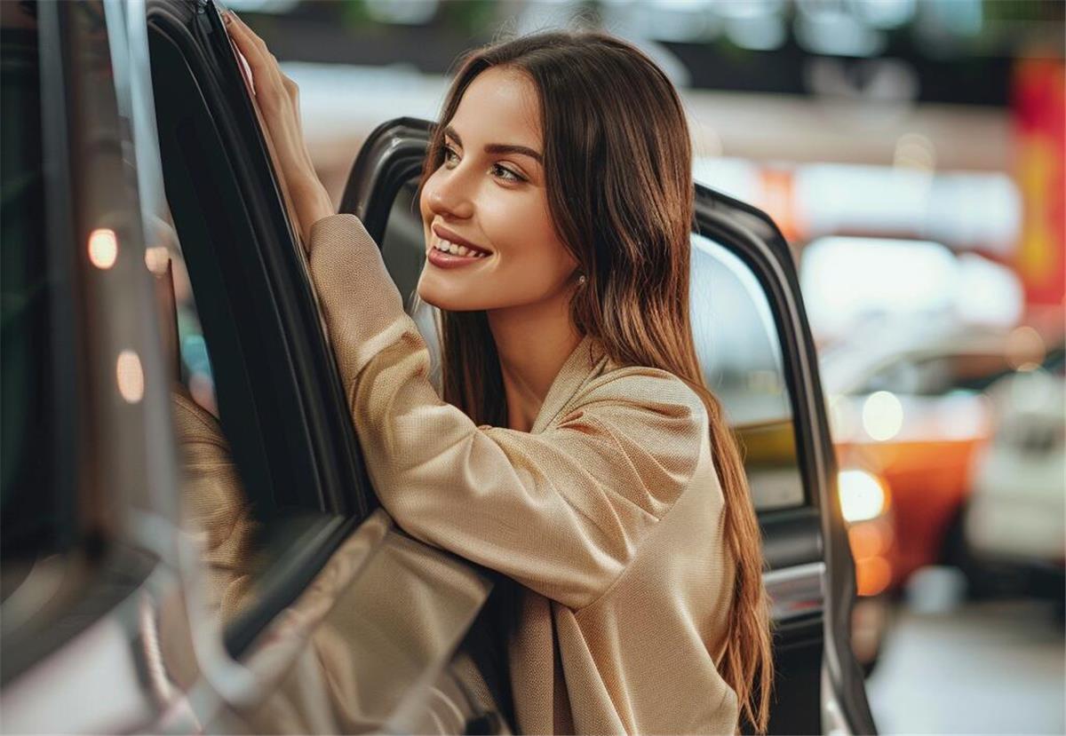 Tipps für den Autokauf 2024: Worauf zu achten ist Junge dunkelhaarige Frau steht an einer Autotür.