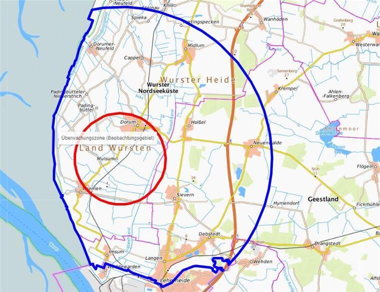 Der Landkreis Cuxhaven veröffentlichte eine Karte, auf der Schutz (rot)- und Überwachungszone (blau) eingezeichent sind.